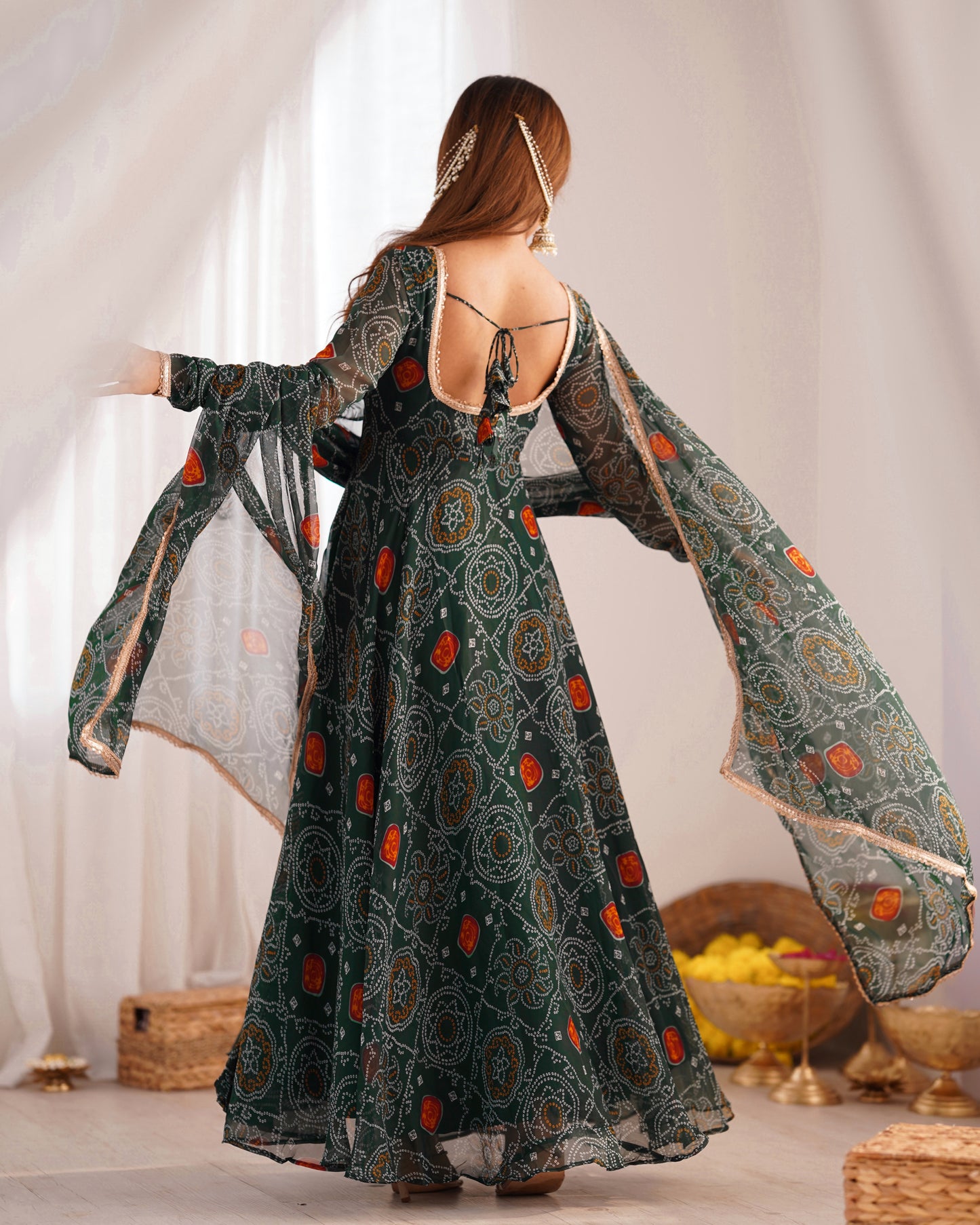 Manvi Bandhej Chiffon Printed Flair Green Anarkali Suit Set