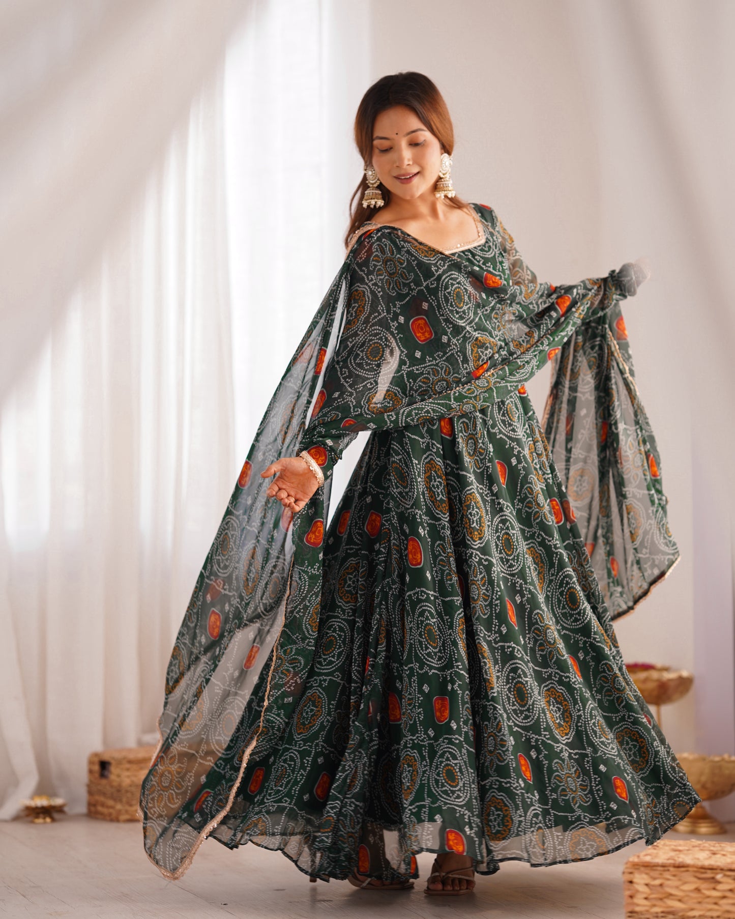 Manvi Bandhej Chiffon Printed Flair Green Anarkali Suit Set