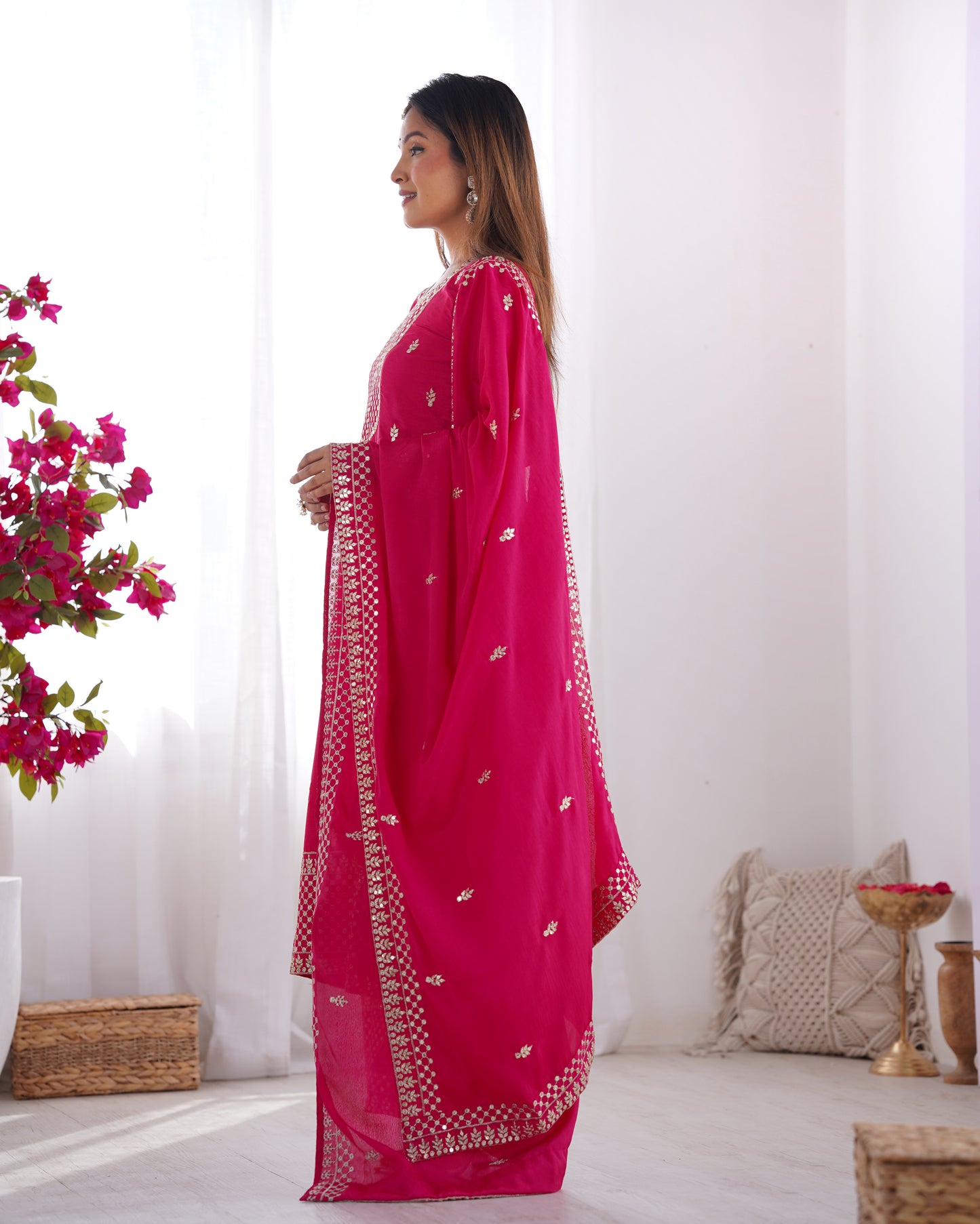 Pink Chinon Silk With Thread And Sequence Work Sharara Suit For Women