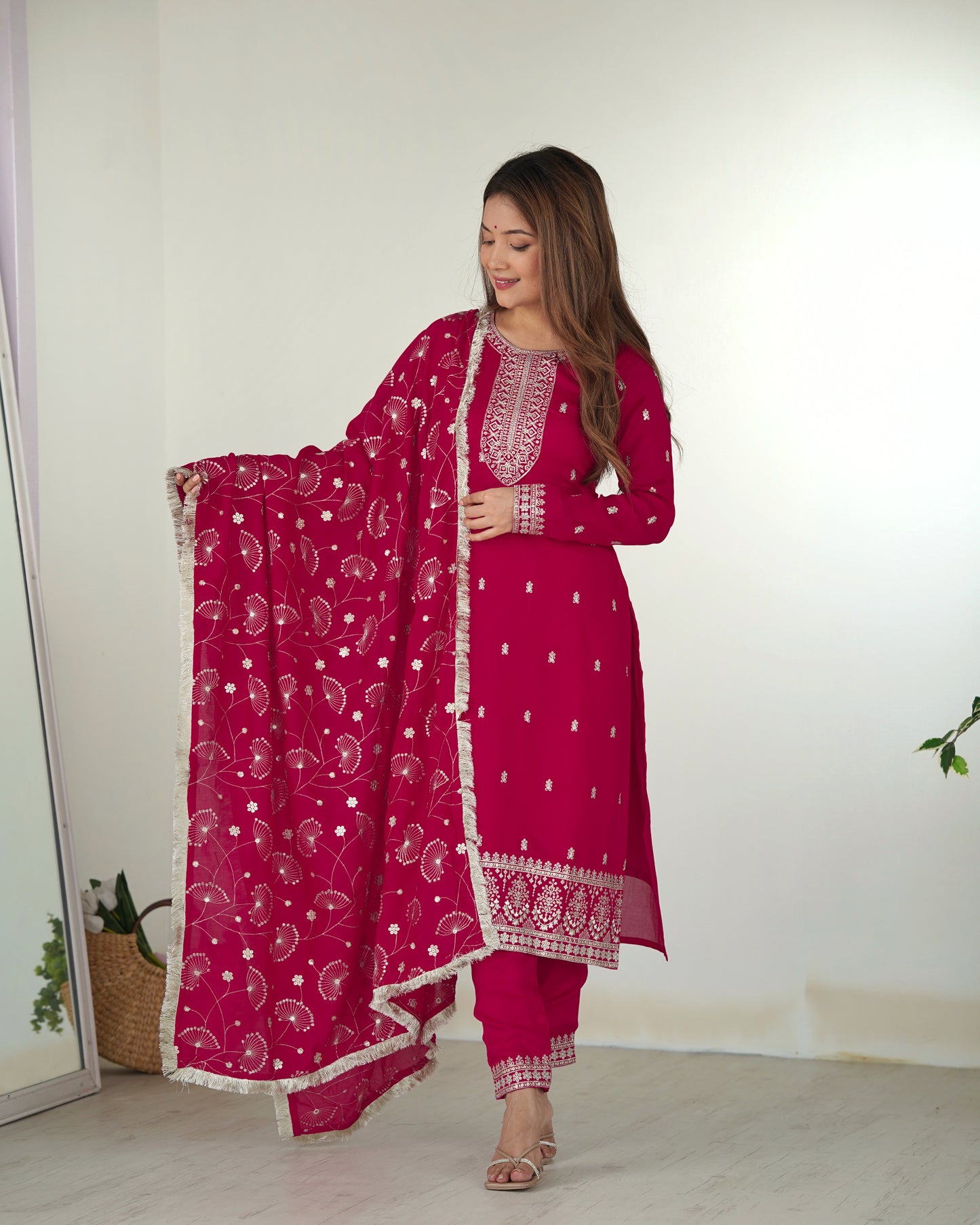 Pink Color Rangoli Silk Three Piece Kurti Pant Suit