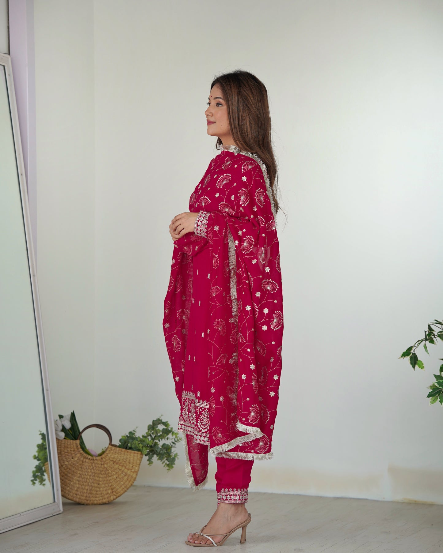 Pink Color Rangoli Silk Three Piece Kurti Pant Suit