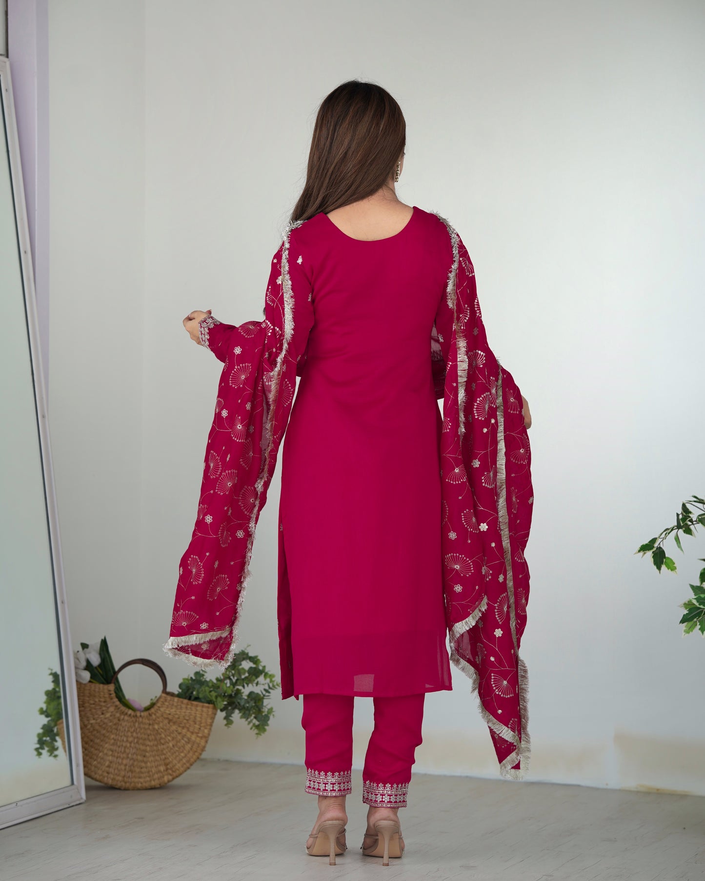 Pink Color Rangoli Silk Three Piece Kurti Pant Suit