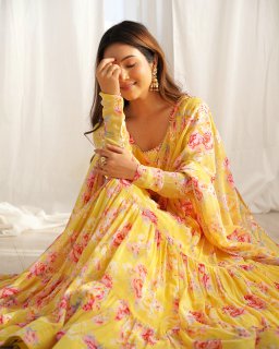 Yellow Color Soft Georgette Ruffle Style Three Piece Anarkali Suit