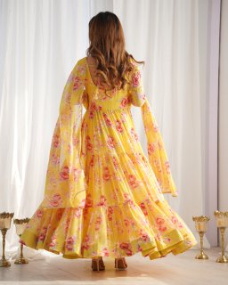 Yellow Color Soft Georgette Ruffle Style Three Piece Anarkali Suit