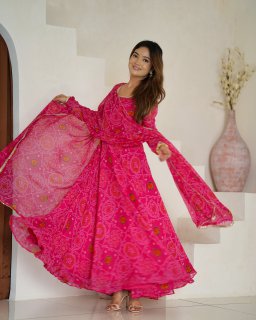 Rani Pink Color Bandhej Print Soft Chiffon Anarkali Gown