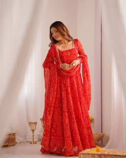 Red Color Bandhej Print Soft Chiffon Anarkali Gown