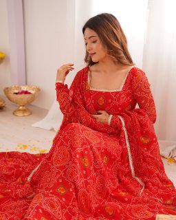 Red Color Bandhej Print Soft Chiffon Anarkali Gown