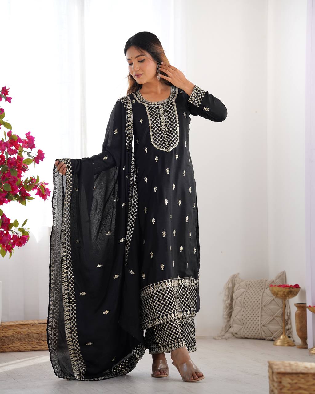 Black Chinon Silk With Thread And Sequence Work Sharara Suit For Women