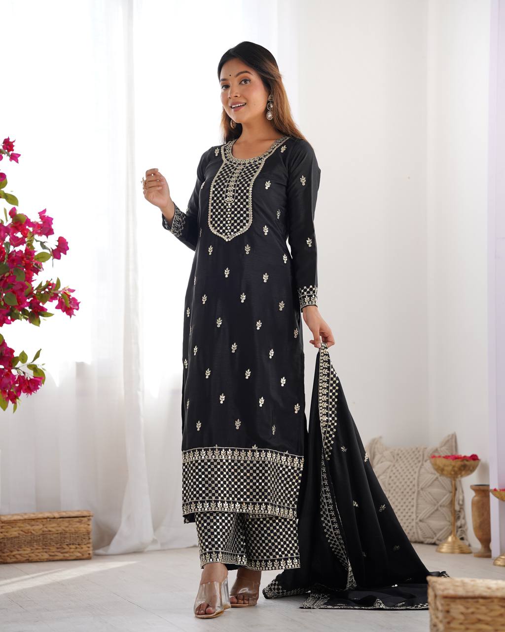 Black Chinon Silk With Thread And Sequence Work Sharara Suit For Women