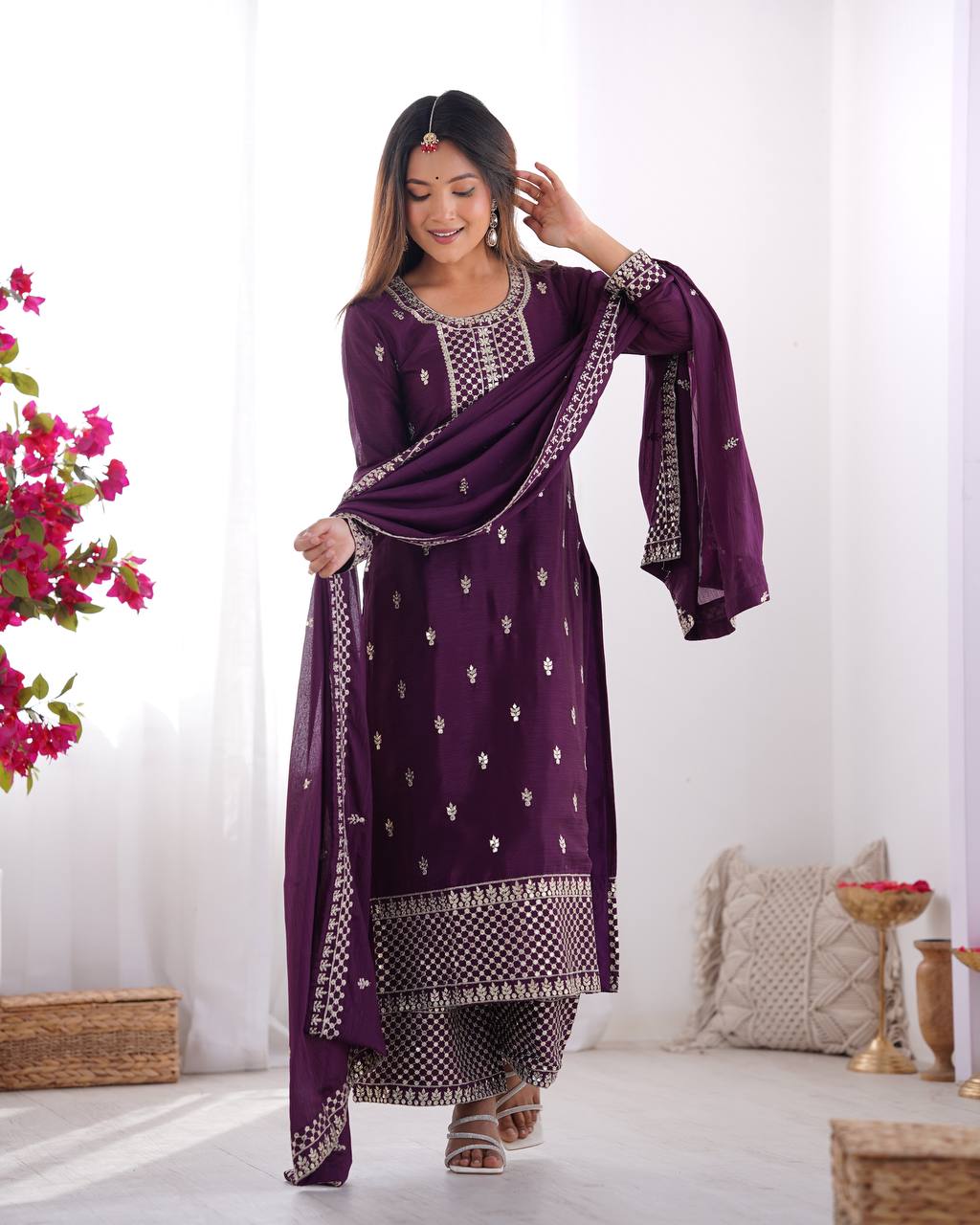 Purple Chinon Silk With Thread And Sequence Work Sharara Suit For Women