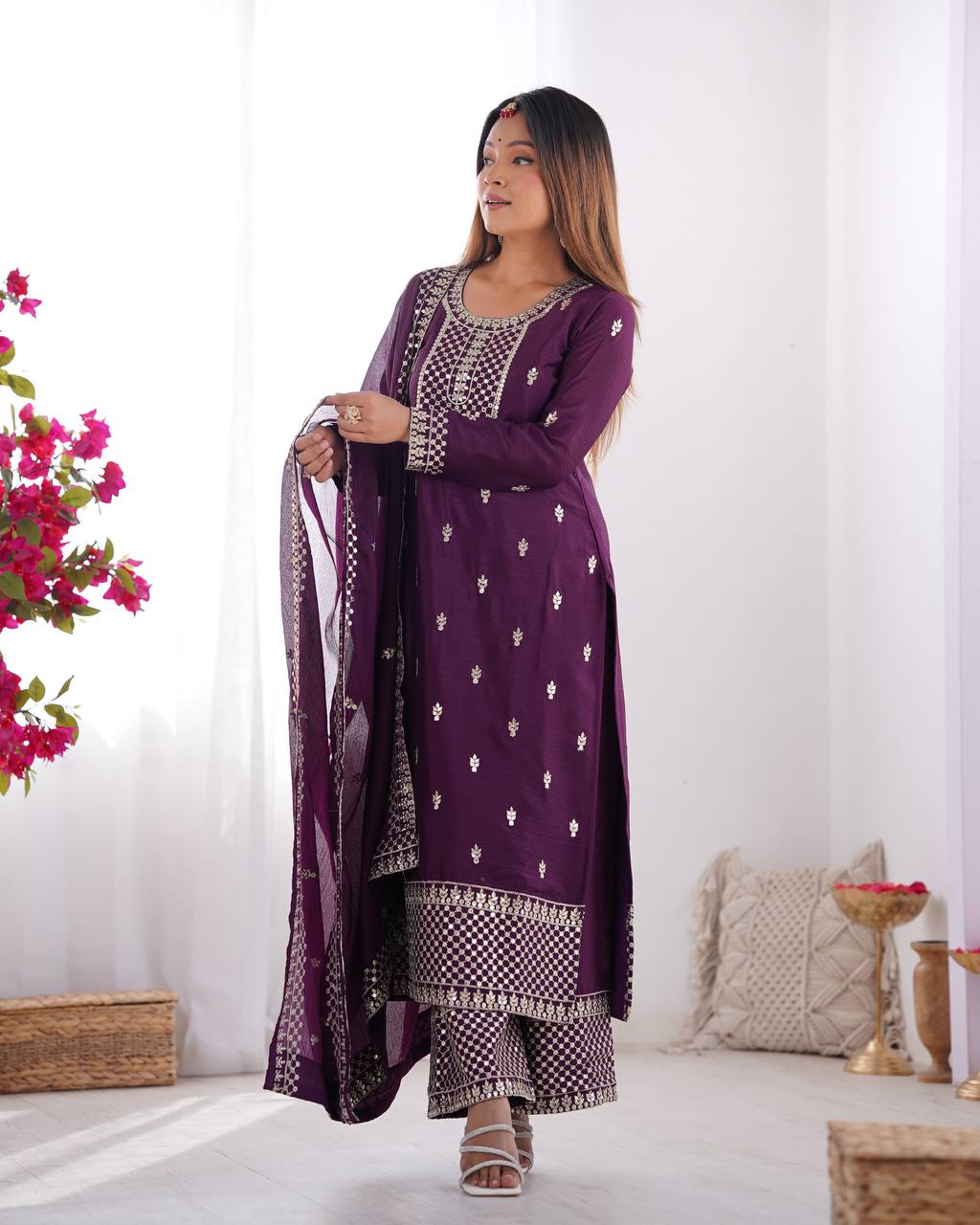 Purple Chinon Silk With Thread And Sequence Work Sharara Suit For Women