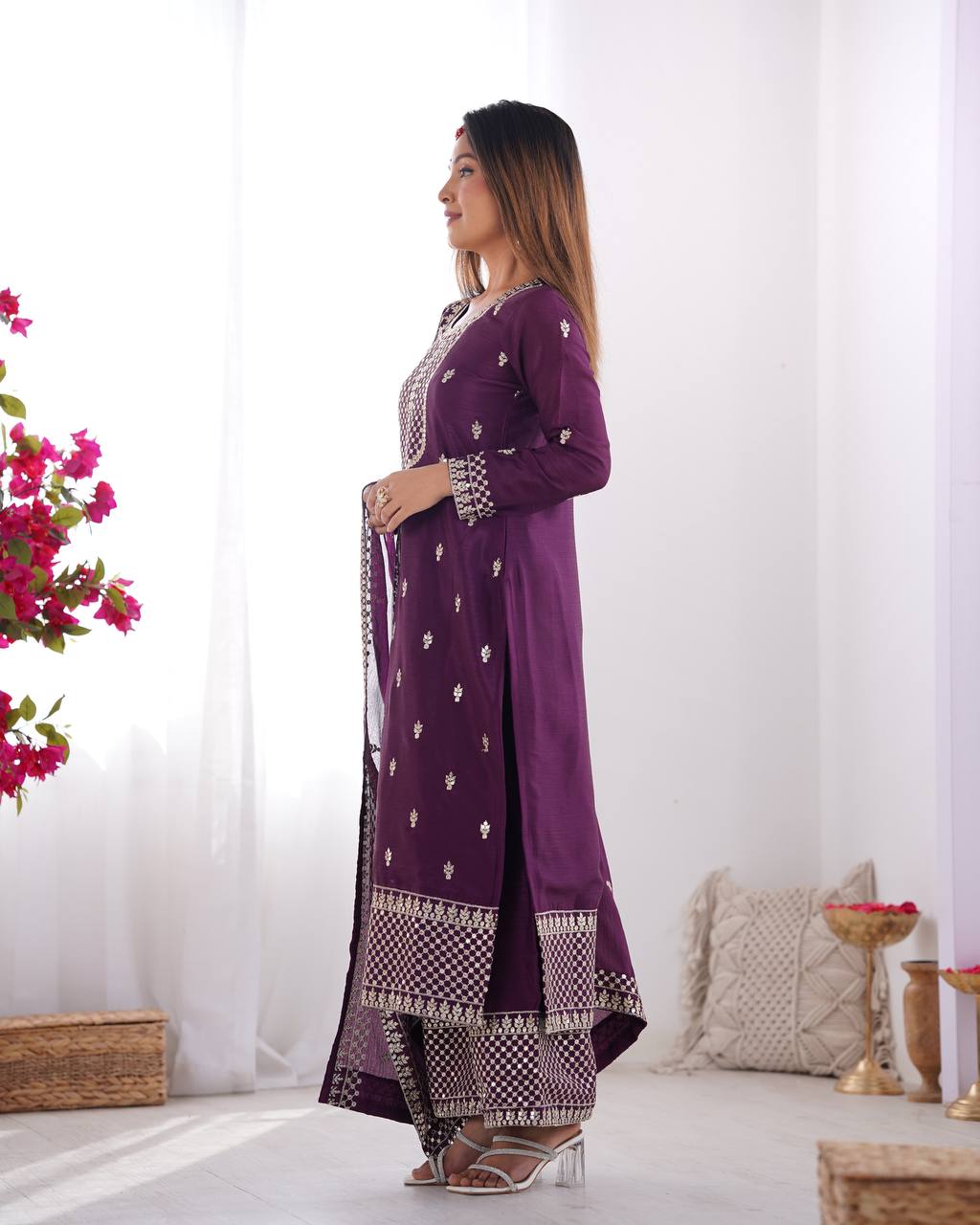 Purple Chinon Silk With Thread And Sequence Work Sharara Suit For Women