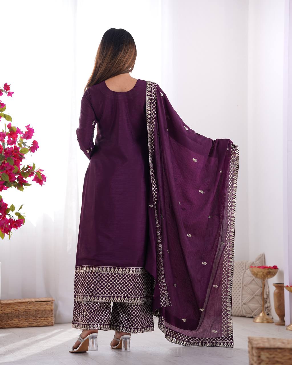 Purple Chinon Silk With Thread And Sequence Work Sharara Suit For Women