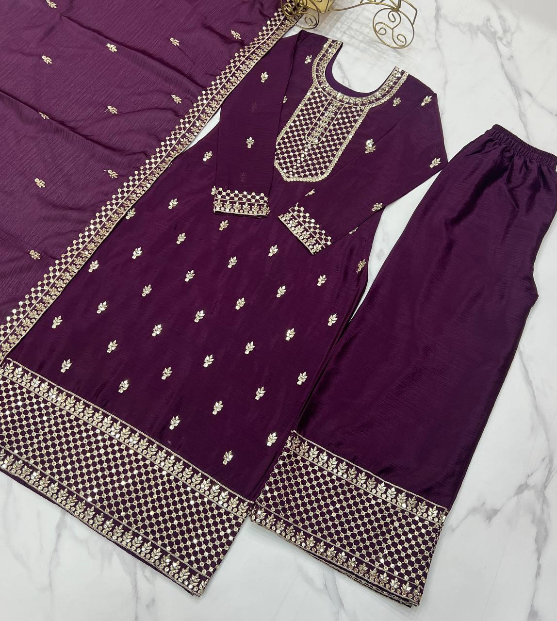 Purple Chinon Silk With Thread And Sequence Work Sharara Suit For Women