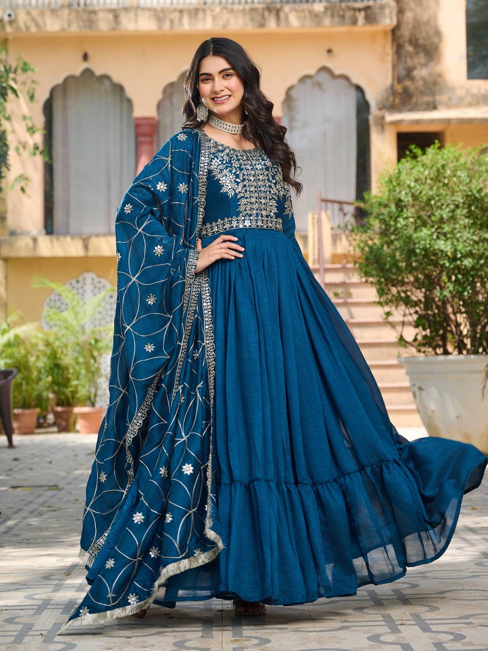 Vichitra Silk Designer Gown with Embroidered Work in Crimson for Festival