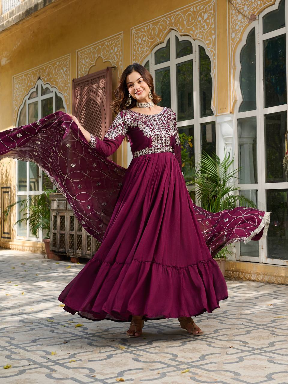 Vichitra Silk Designer Gown with Embroidered Work in Crimson for Festival