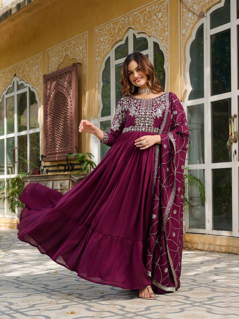 Vichitra Silk Designer Gown with Embroidered Work in Crimson for Festival