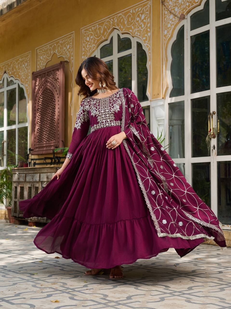 Vichitra Silk Designer Gown with Embroidered Work in Crimson for Festival