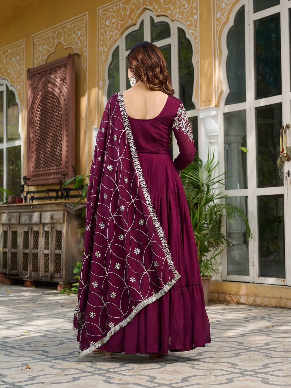 Vichitra Silk Designer Gown with Embroidered Work in Crimson for Festival