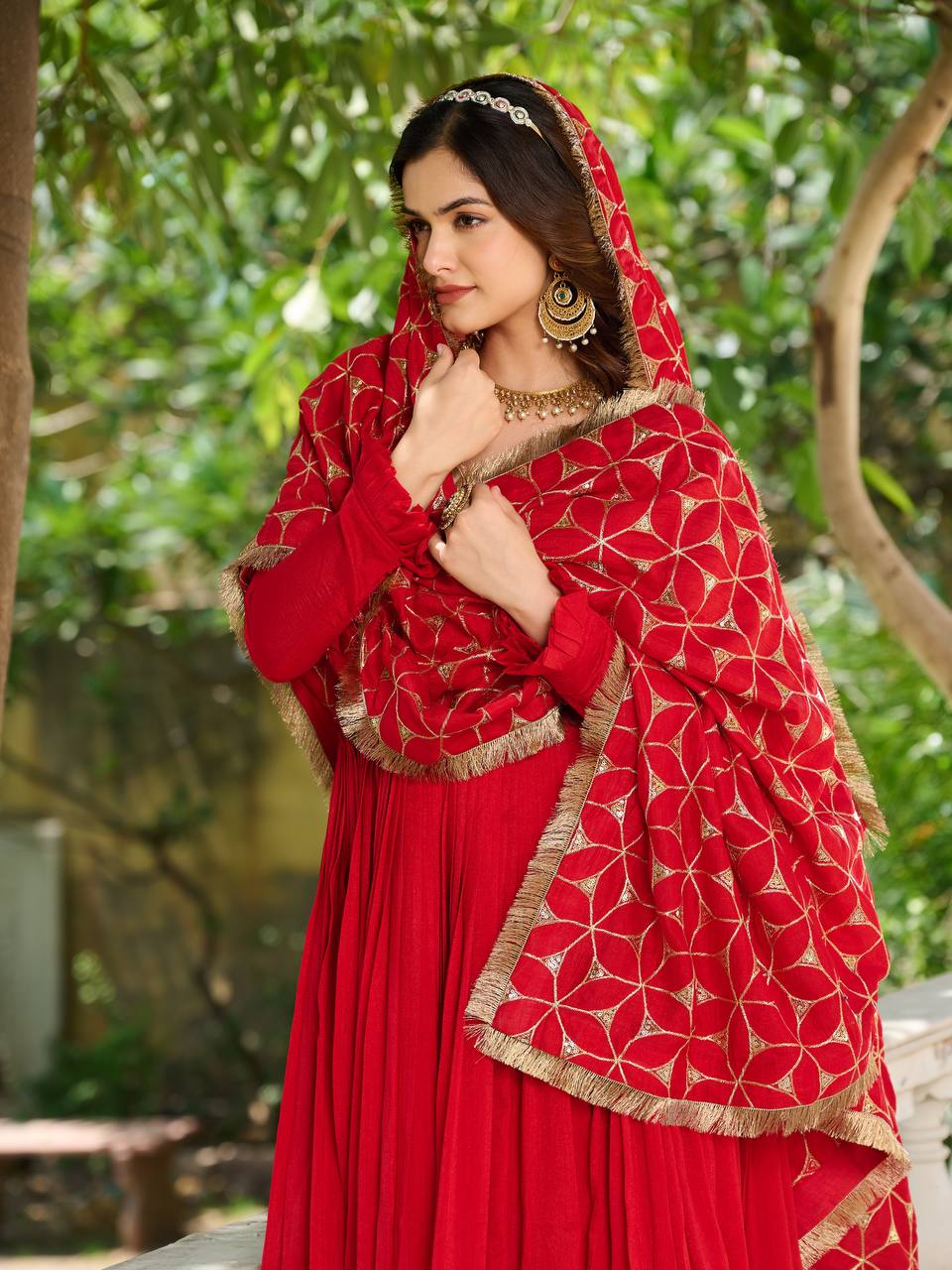 Red Colour Embroidery Work Festival Long Gown & Hevy Duptta