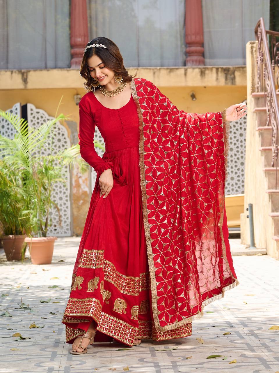 Red Colour Embroidery Work Festival Long Gown & Hevy Duptta