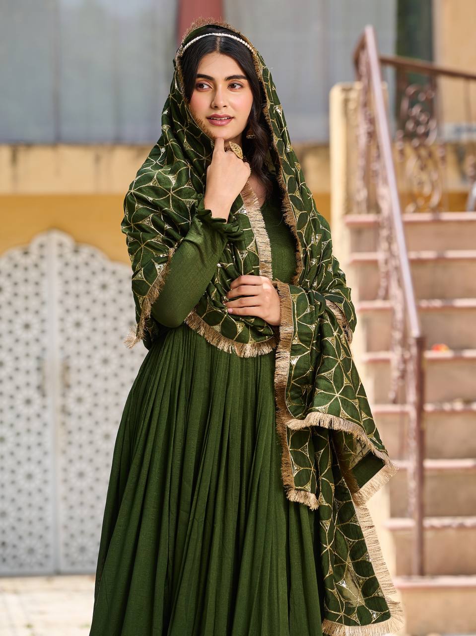 Green Colour Embroidery Work Festival Long Gown & Hevy Duptta
