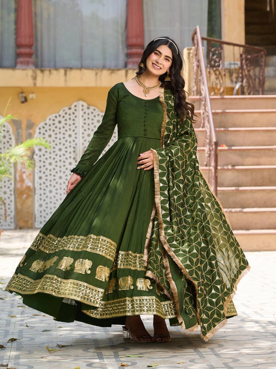 Green Colour Embroidery Work Festival Long Gown & Hevy Duptta