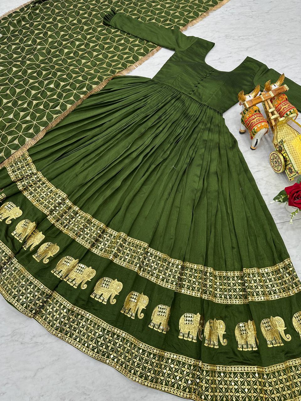 Green Colour Embroidery Work Festival Long Gown & Hevy Duptta