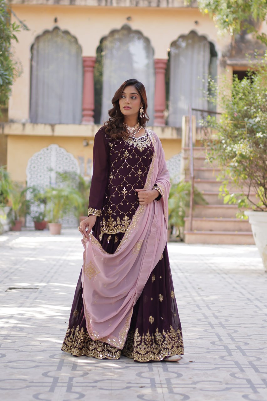 Wine Color Faux Blooming Embroidered Plazzo Suit