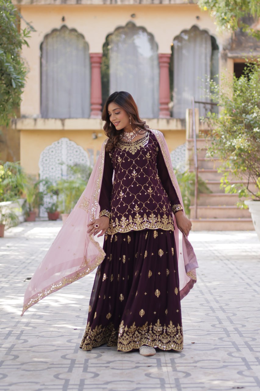 Wine Color Faux Blooming Embroidered Plazzo Suit