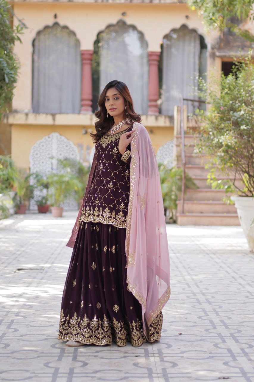 Wine Color Faux Blooming Embroidered Plazzo Suit