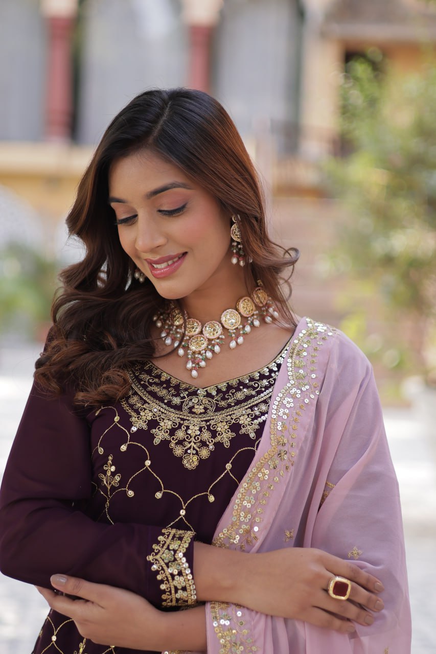 Wine Color Faux Blooming Embroidered Plazzo Suit
