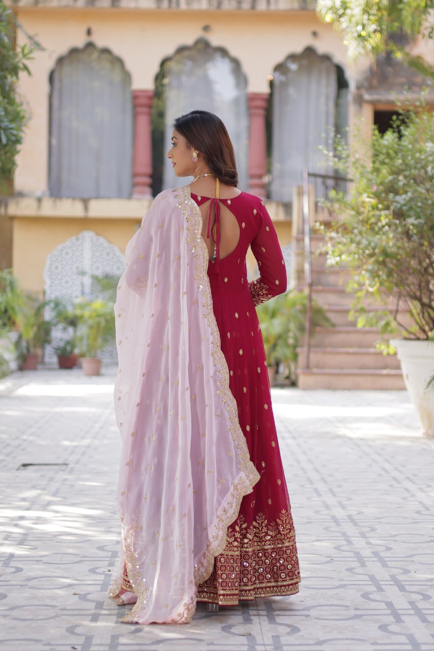 New Red Faux Blooming With Embroidery Zari Sequins Work Designer Readymade Gown