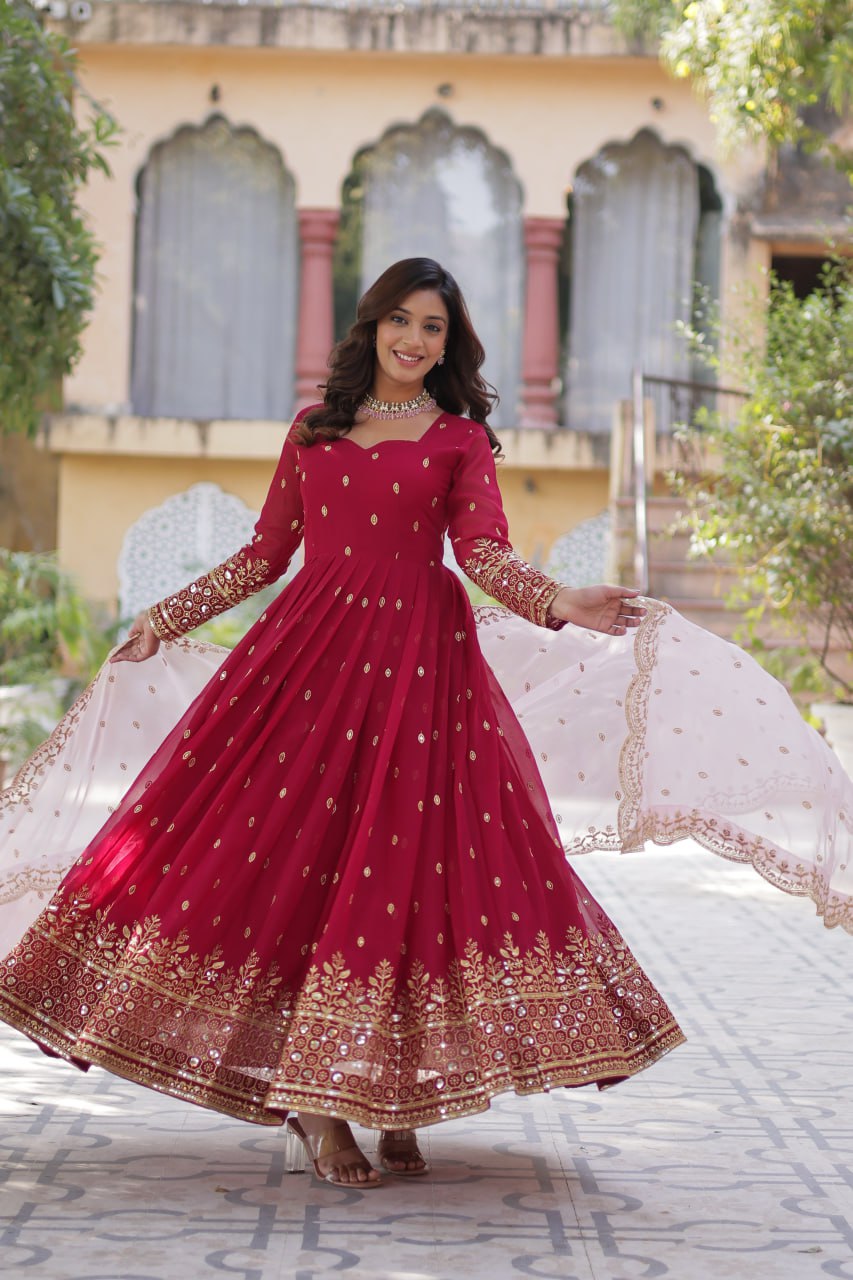 New Red Faux Blooming With Embroidery Zari Sequins Work Designer Readymade Gown