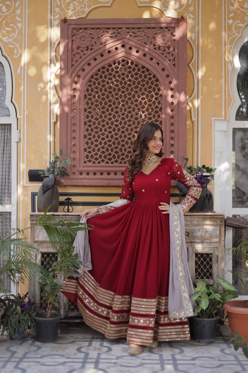 Bewitching Red Zari Embroidered Georgette Festival Wear Gown