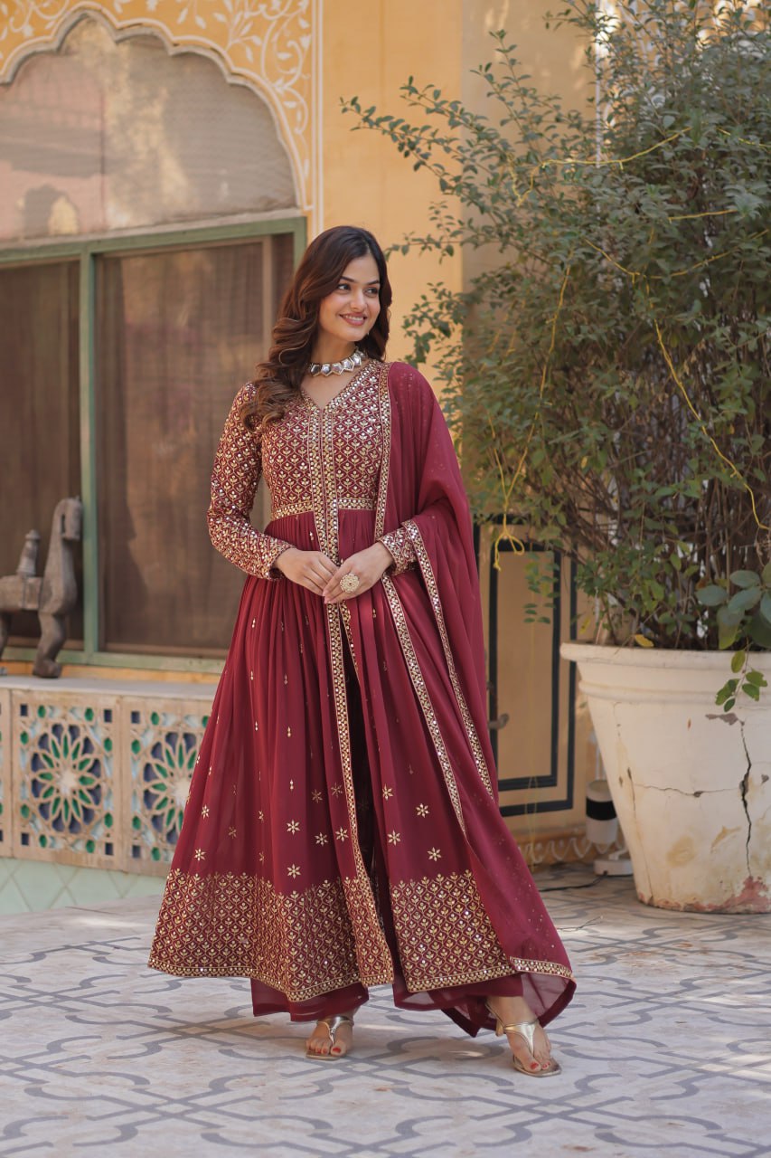 Maroon Georgette Embroidered Sharara Suit Set