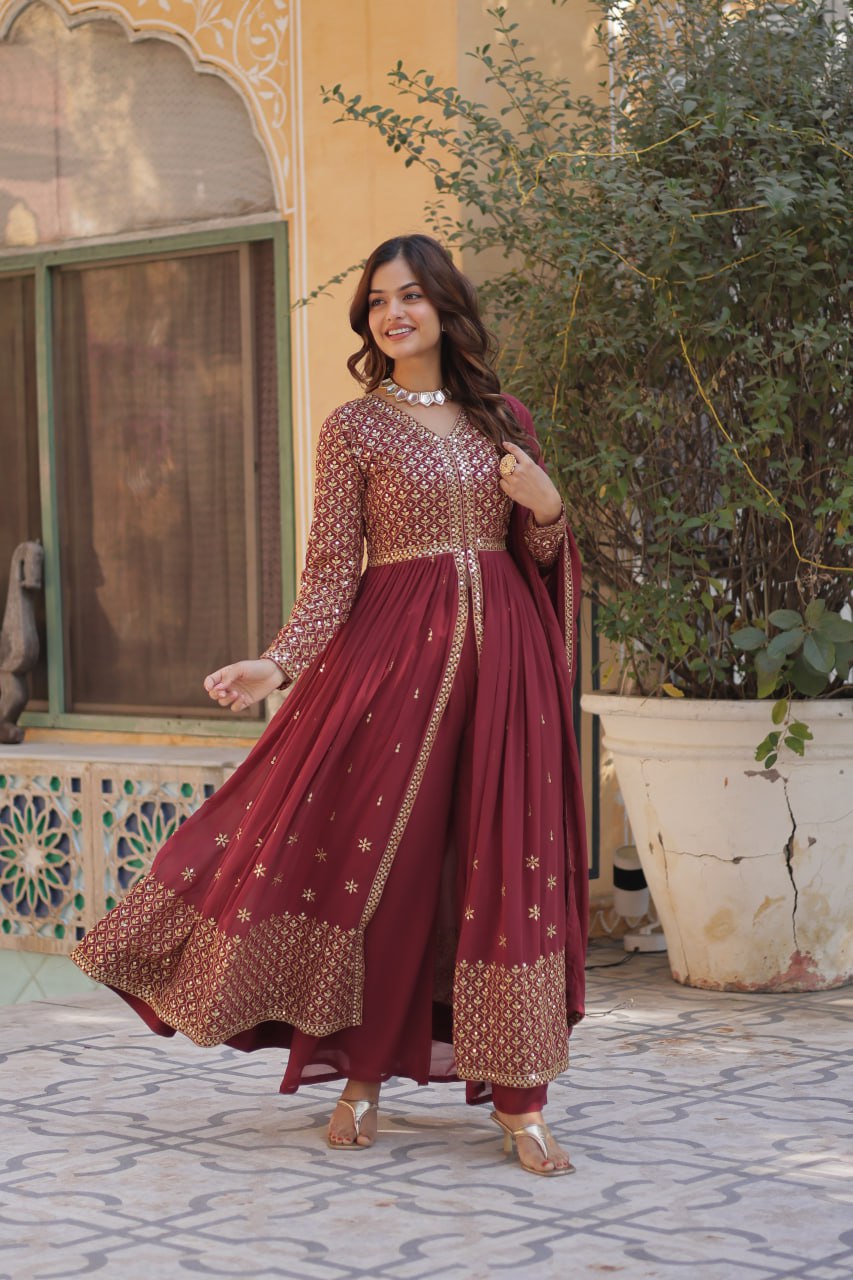 Maroon Georgette Embroidered Sharara Suit Set