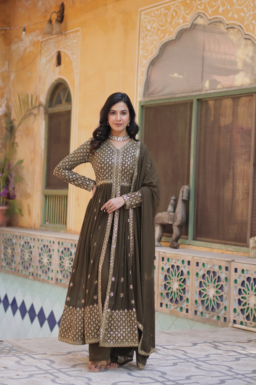 Mehndi Georgette Embroidered Sharara Suit Set