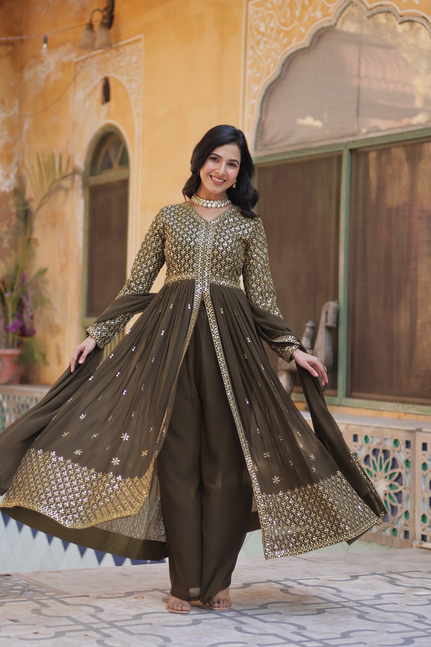 Mehndi Georgette Embroidered Sharara Suit Set