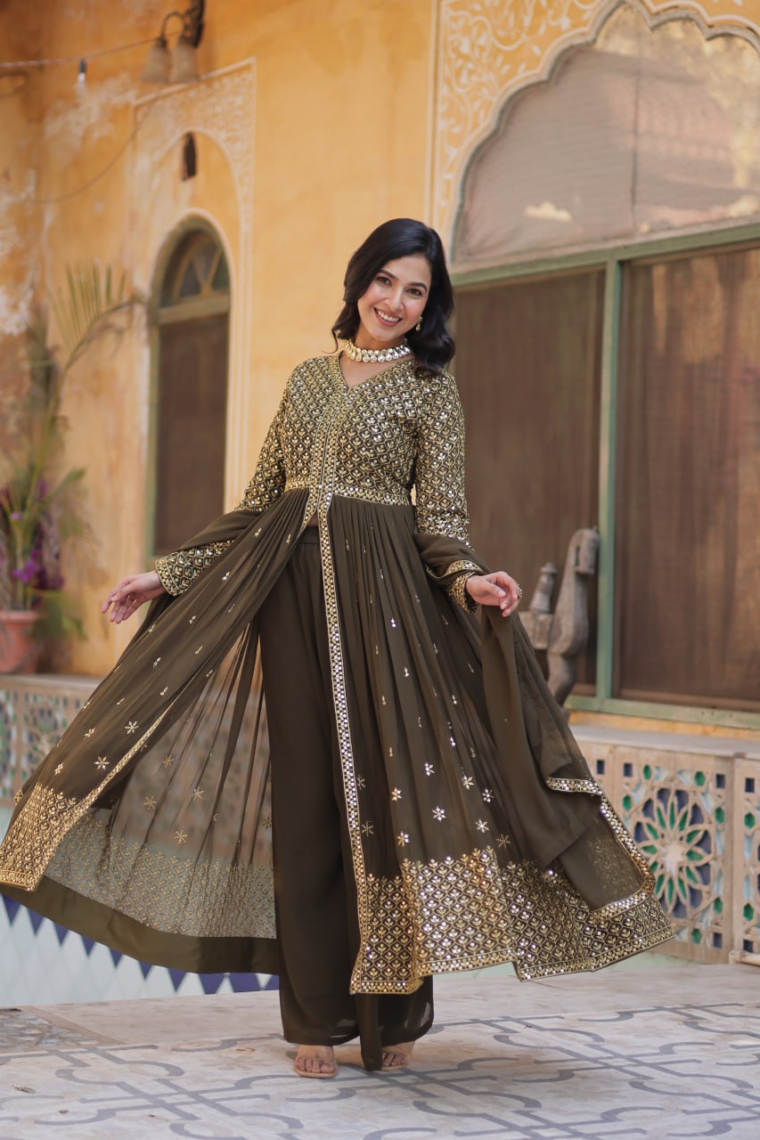 Mehndi Georgette Embroidered Sharara Suit Set