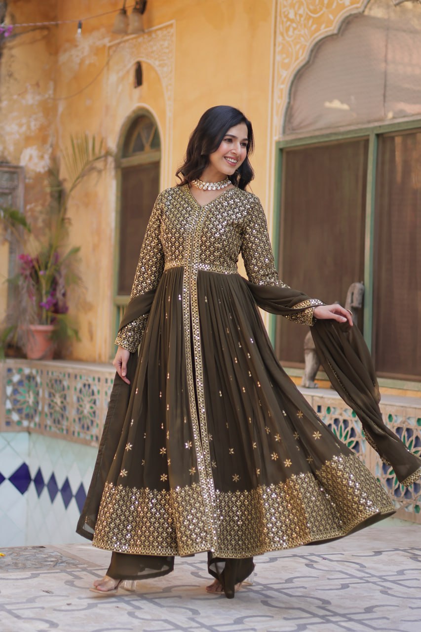 Mehndi Georgette Embroidered Sharara Suit Set