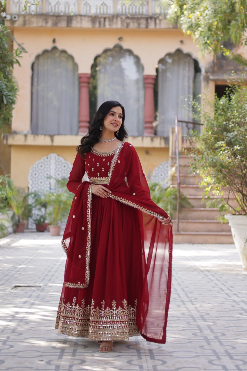 Stunning Maroon Sequins Georgette Festival Wear Gown With Dupatta