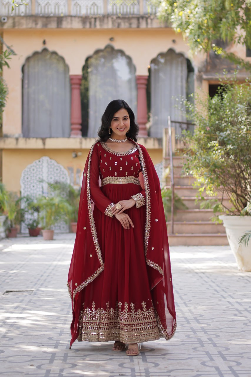 Stunning Maroon Sequins Georgette Festival Wear Gown With Dupatta