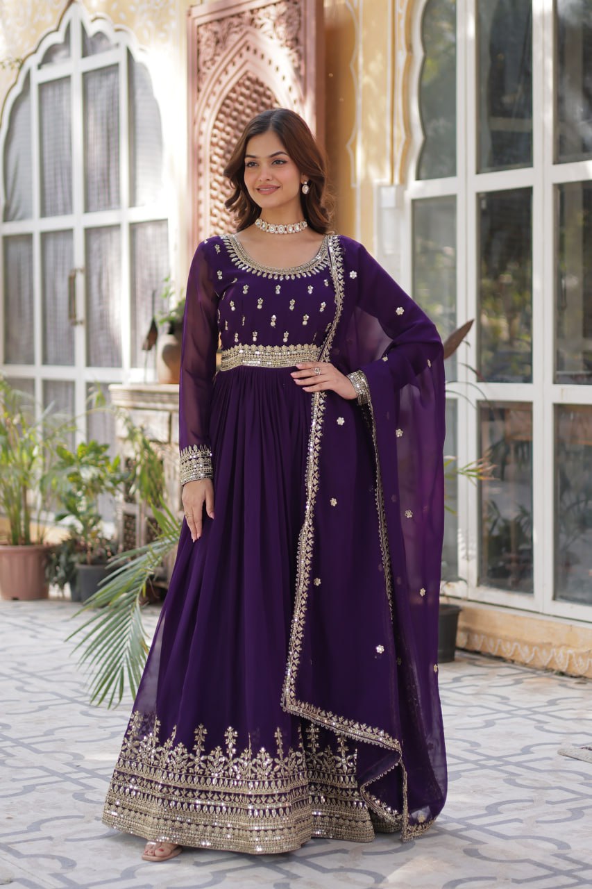 Stunning Purple Sequins Georgette Festival Wear Gown With Dupatta