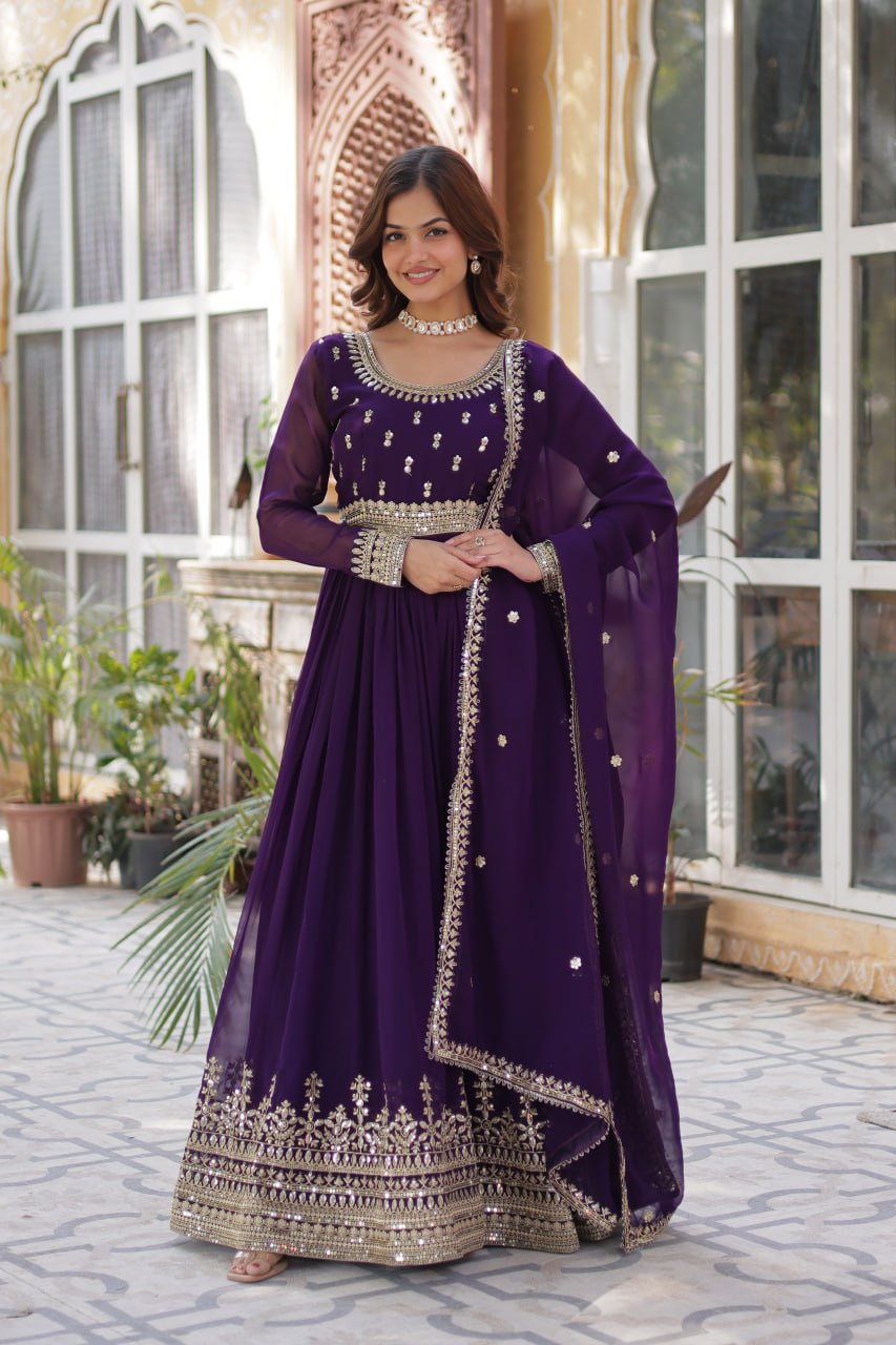 Stunning Purple Sequins Georgette Festival Wear Gown With Dupatta