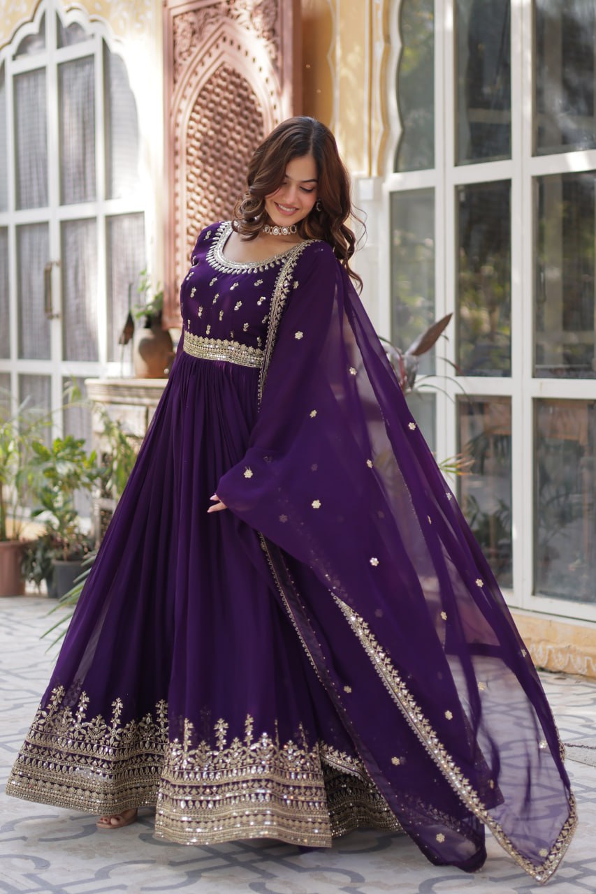 Stunning Purple Sequins Georgette Festival Wear Gown With Dupatta