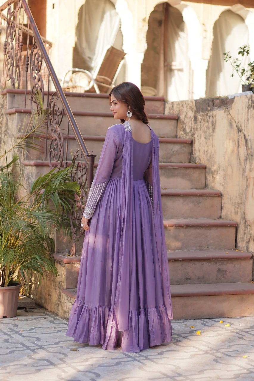 Georgette Purple Colour Sequence Worked Gown With Dupatta