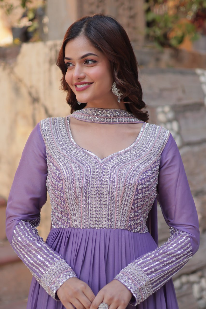 Georgette Purple Colour Sequence Worked Gown With Dupatta