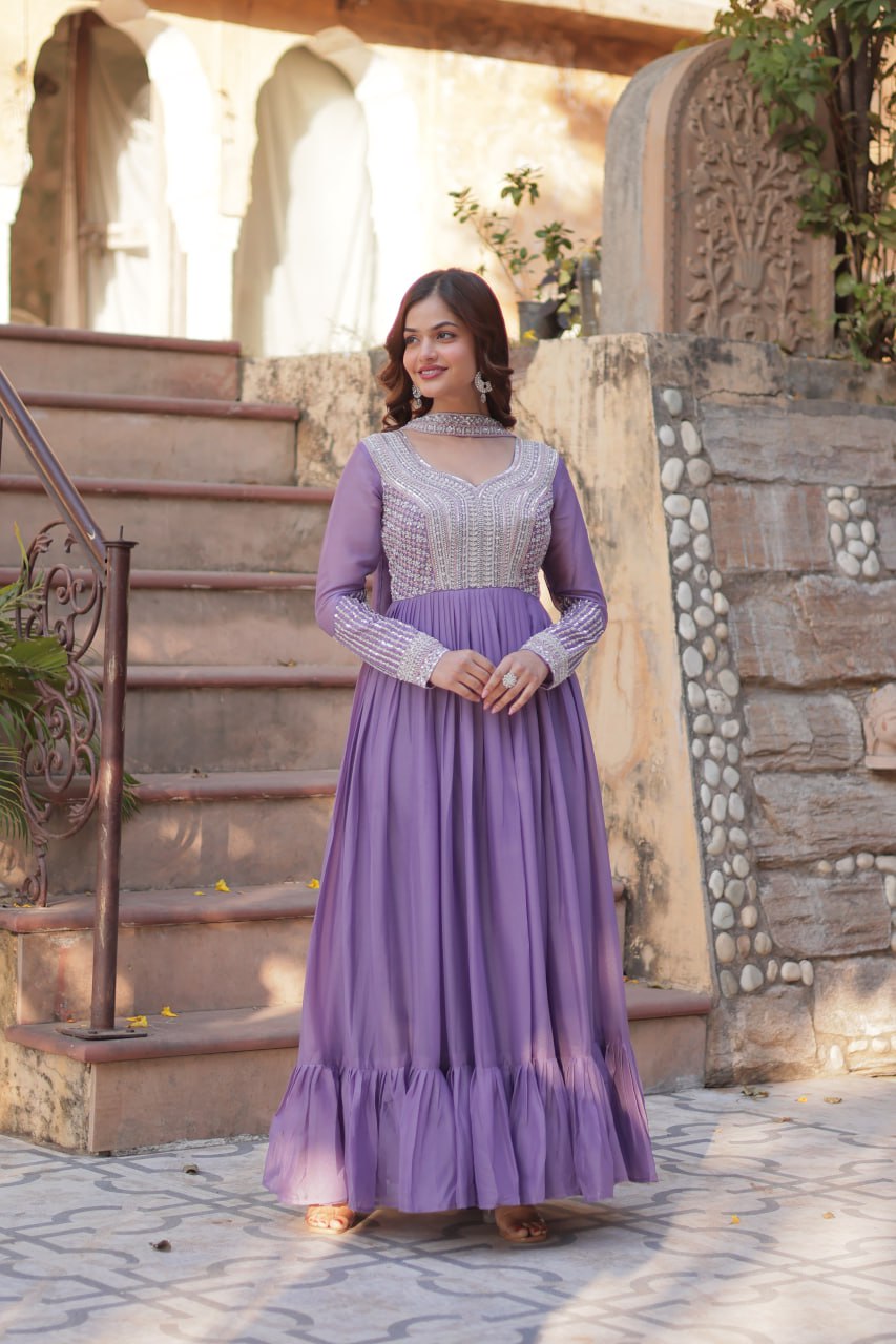Georgette Purple Colour Sequence Worked Gown With Dupatta