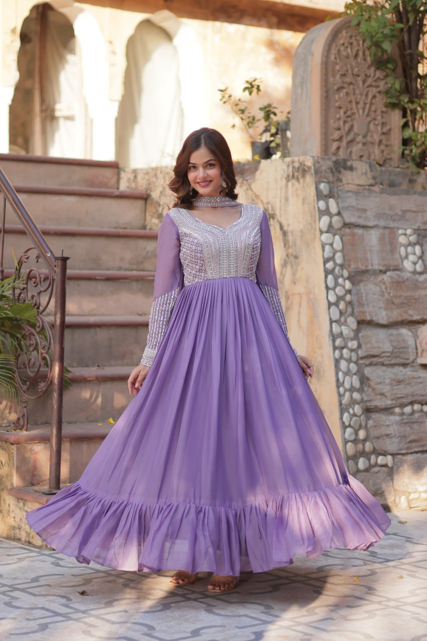 Georgette Purple Colour Sequence Worked Gown With Dupatta